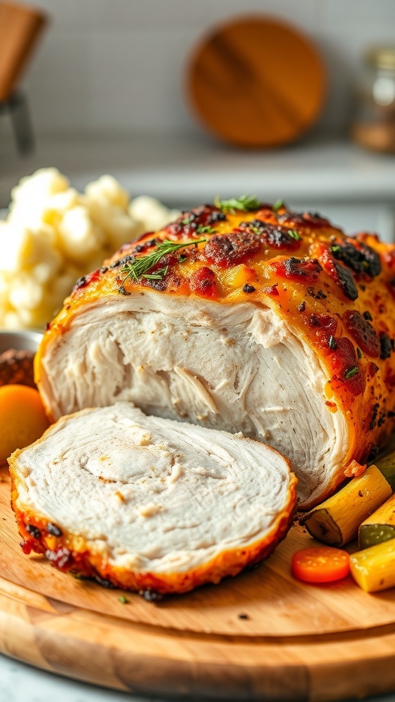 Crispy Air Fryer Pork Roast Recipe Sliced air fryer pork roast on a cutting board with herbs and sides of vegetables and mashed potatoes.
